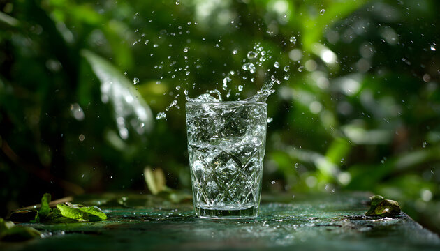 Water pours into the glass on the table with splashes. Against a background of green foliage. Filmed on a high-speed camera at 1000 fps.
