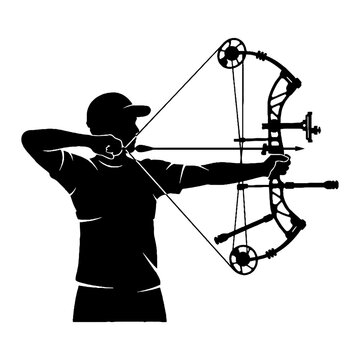 Dynamic black silhouette vector illustration of an archer wearing a baseball cap, aiming a compound bow with an arrow drawn back, depicted in a focused side profile pose
