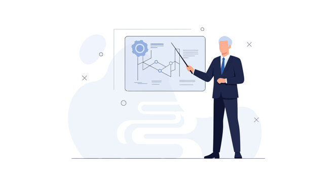 Businessman Presenting Data Analytics and Strategy on Digital Screen with Pointer Stick, Modern Flat Illustration Style.