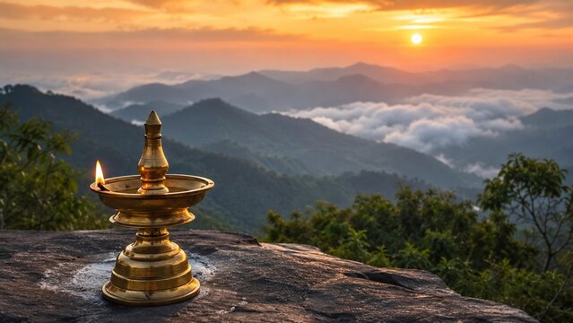 Ayyappan Devotional Lamp Mountain Sky With Spiritual Lamp And Pilgrimage Mood