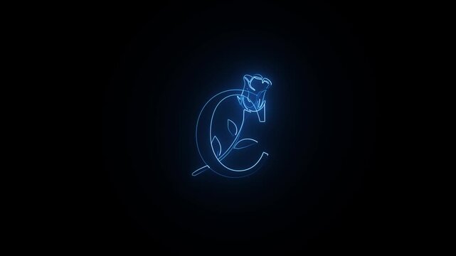 Blue neon letter c with rose flower animation glowing against dark background in minimalist motion design