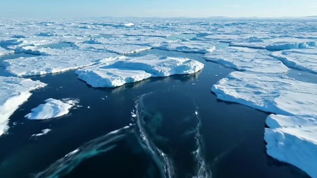 Aerial view of a glacier with deep blue ice formations.