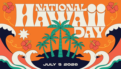 National Hawaii Day poster design with tropical palm trees illustration © vectyx2