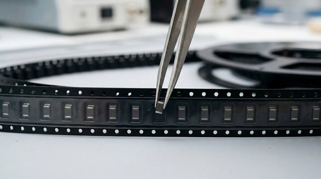 Close-up of tweezers handling electronic components from a carrier tape.