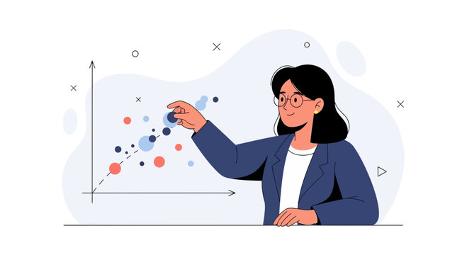 Businesswoman analyzing data scatter plot, focusing on data points, data analysis, statistics, and financial growth