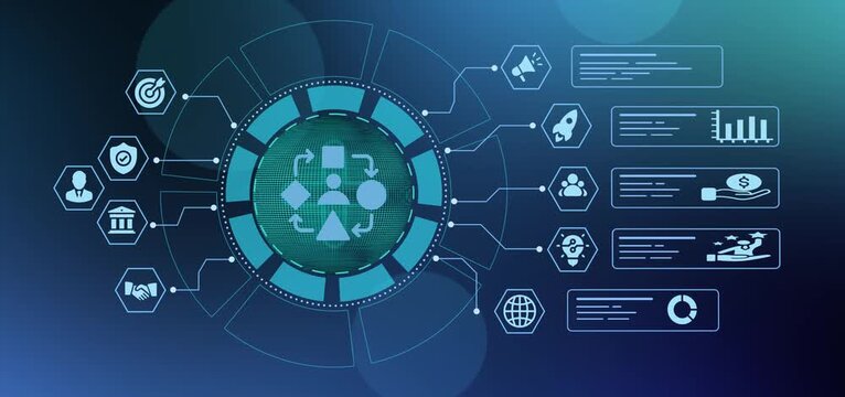 Workflow process optimization interface displaying business methodology layout and corporate data analytics.