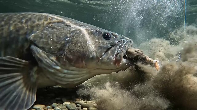 A massive snakehead fish swims closely over a pebbled riverbed, approaching a piece of meat bait attached to a fishing hook.
