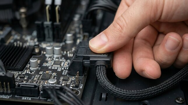 Computer Technician Installing Power Cable Into Motherboard.
