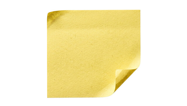Bent corner of yellow sticky note paper with textured surface isolated on transparent background post it memo pad adhesive curled edge