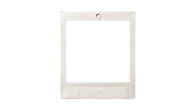 Empty polaroid frame with a textured white border featuring a small hole for hanging on transparent background instant camera vintage