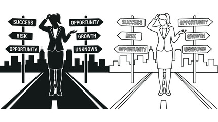 Businesswoman At Crossroads With Directional Signs Black And White Vector Illustration © EMON