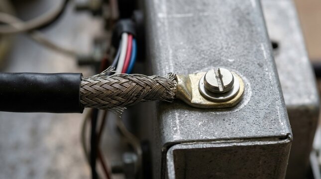 Electrical ground wire connection with braided cable on metal chassis.