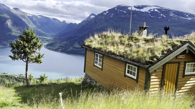 Traditional Norwegian Cabin with a View of Loen Fjord, Norway