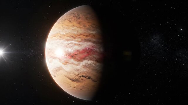 Gas giant planet with swirling clouds and atmospheric storms in outer space while stars twinkle in the background