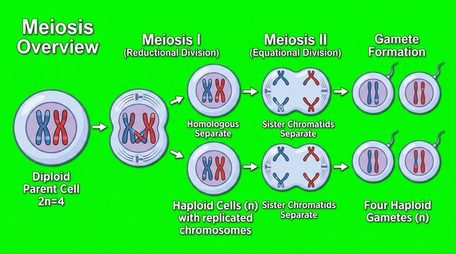 Colorful Meiosis Cell Division Process Diagram with Chromosomes and Genetic Phases Illustration