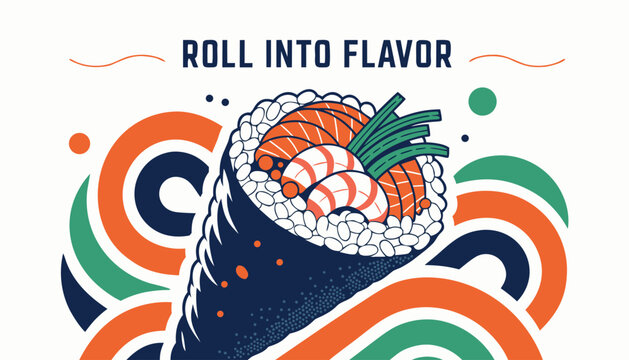 Colorful illustrated sushi hand roll with fresh salmon and shrimp ingredients