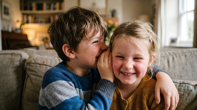 A young boy whispers a secret into his sister's ear, both sharing a joyful moment on a sofa.