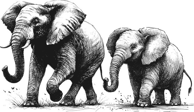 Line art sketch drawing of two elephants walking side by side, one adult and one juvenile, mid-stride with lifted front legs vector svg