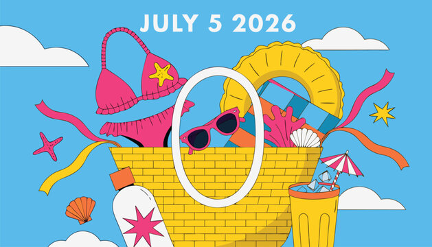 Colorful summer beach bag illustration with accessories and blue sky background