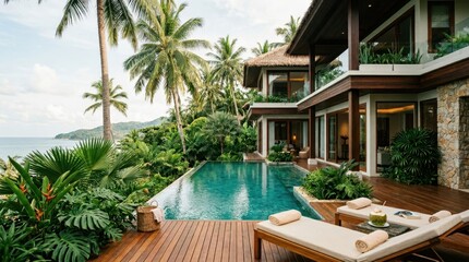 Fototapeta premium Luxury tropical villa with infinity pool overlooking the ocean and lush palm trees