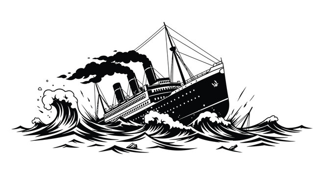 ocean liner ship with smoke and waves in dramatic black and white silhouette