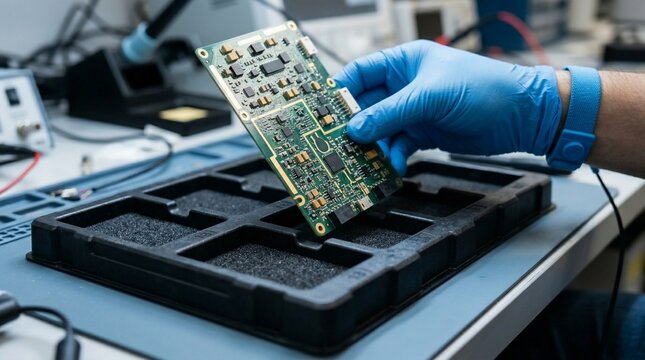 Engineer in blue gloves inspecting electronic circuit board in high tech laboratory.