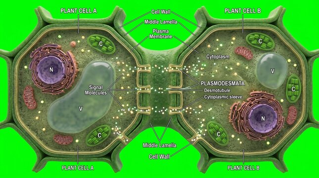 Microscopic View of Plant Cell Structure with Plasmodesmata and Organelles in Chroma Key Green