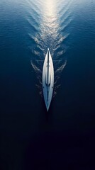 Fototapeta premium Mobile wallpaper in A sleek silver sailboat moving confidently across a deep blue ocean toward a radiant horizon, symbolizing career advancement