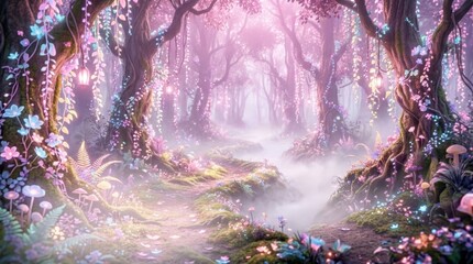 Fototapeta premium Enchanted forest path bathed in soft pink and blue magical light