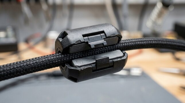 Ferrite core bead filter attached to a braided electronic cable.