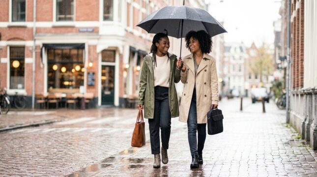 Two smiling women sharing an umbrella while walking on a wet city street