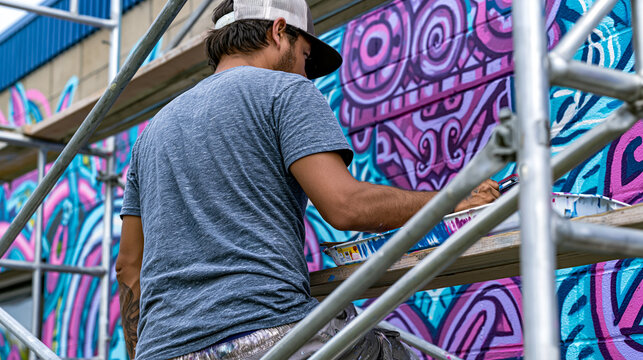 Muralist of South American descent stands back on a scaffold to assess progress on a large scale painting blending Zapotec geometric forms with urban abstraction, paint tray balanced on plank, indus
