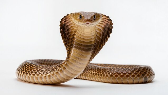 Isolated Philippine Cobra in rearing defensive pose on a white studio background