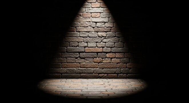 Brown brick wall illuminated by a single spotlight in a dark room with a brick floor surface