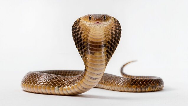 Isolated Philippine Cobra in rearing defensive pose on a white studio background