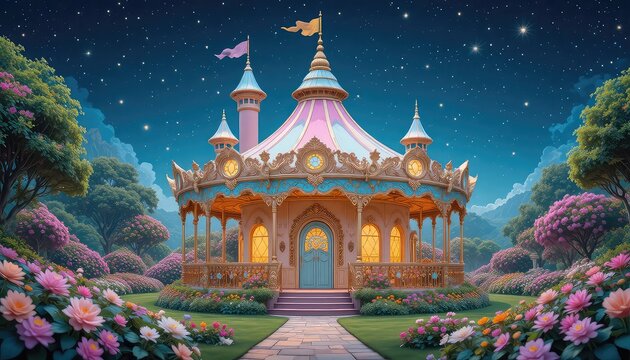 Fantasy carousel house with colorful pastel rooftops and glowing round windows, nestled within a magical flower garden