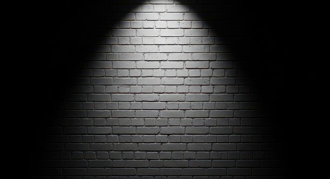 White painted brick wall illuminated by a single overhead spotlight in a darkened interior room