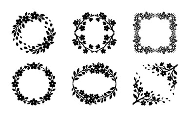 Fototapeta premium Floral Wreath and Frame Vector Set, Delicate Botanical Borders, Decorative Flourish Elements, Elegant Black and White Design Assets
