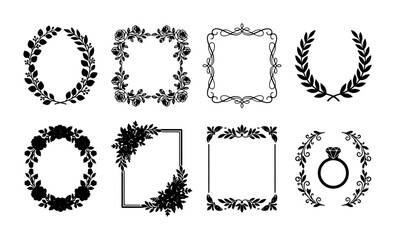 Fototapeta premium Elegant Floral and Laurel Wreath Vector Frames, Decorative Borders for Invitations and Certificates, Set of 8 Black Silhouettes