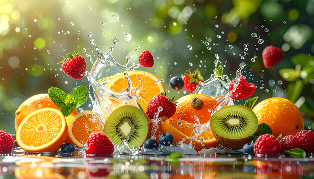 Refreshing fruit splash with mixed berries and citrus in sunlight