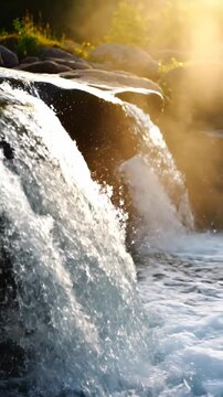 Sunlit waterfall with rushing water cascading over rocks