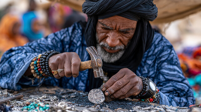 Tuareg silversmith at a market stall in the Sahel hammers intricate patterns into a pendant under a canvas awning, vibrant colorful market surroundings, tourists watching at respectful distance, tra