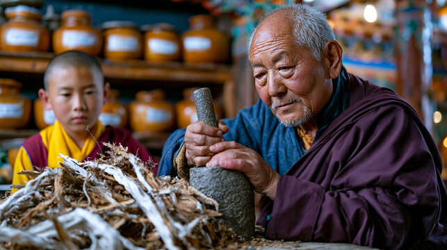 Tibetan herbalist in a monastery apothecary grinds dried roots with a stone pestle, labeled clay jars lining the shelves, a young monk observing closely, traditional medicine practice sustained acro