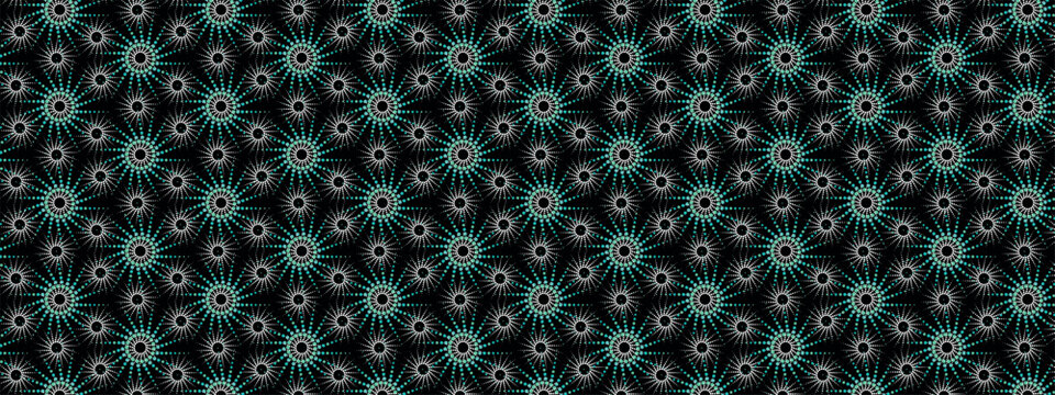 Turquoise and white dot mandala pattern on black background. Abstract vector seamless ornament for textile, fabric, interior, ceramic, wallpaper, paper decoration, design, cover, texture