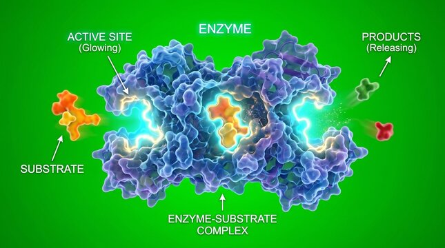 3D Molecular Enzyme Substrate Binding Reaction on Glowing Green Scientific Backdrop
