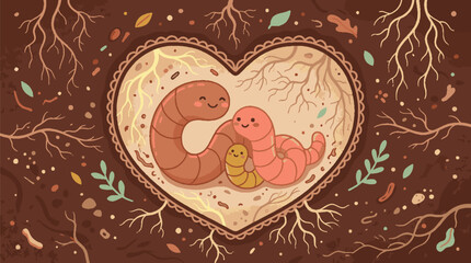 Obraz premium Cute cartoon worm family inside a heart shape illustration.
