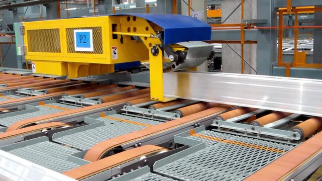 Industrial machine cutting metal sheet on conveyor belt in factory setting with yellow and blue components