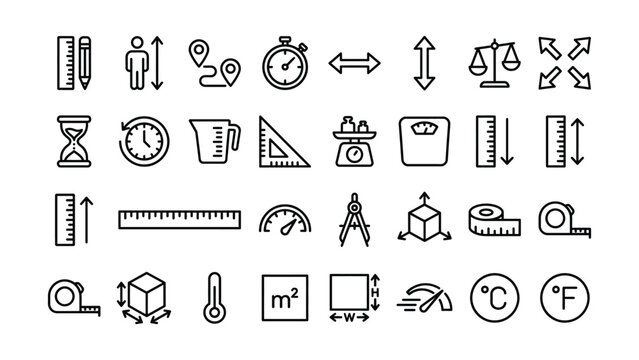 Collection of various measurement and construction line icons on transparent background