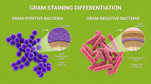 Gram Staining Differentiation of Positive and Negative Bacteria Microscopic View