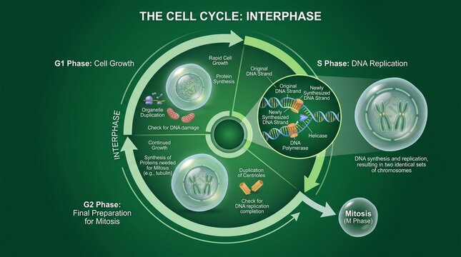 Interphase Cell Cycle Diagram Illustration on Green Scientific Background with Chromosomes and Organelles